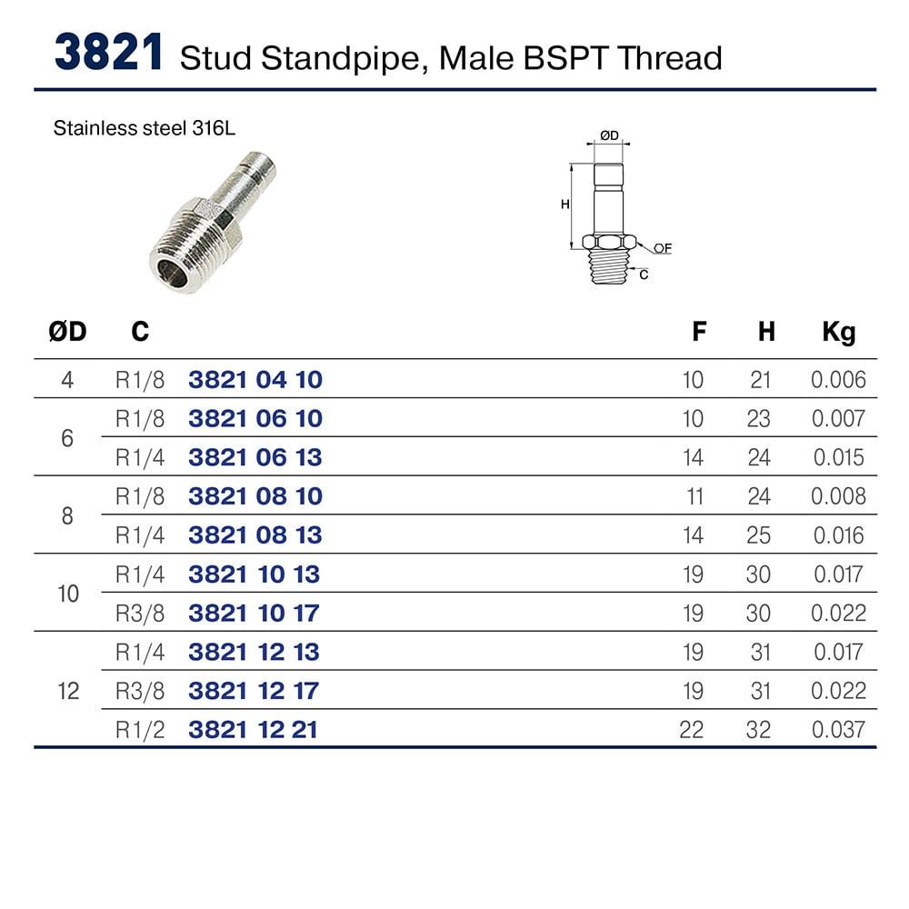 3821 08 10 — Stud Standpipe, Male Thread — Straight — 8mm, G1/8 - Image 2